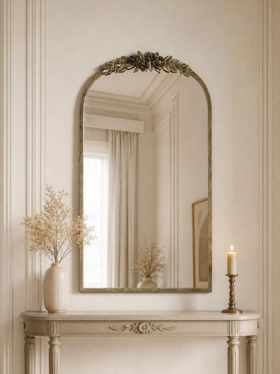 Antique Baroque Arched Wall Mirror (Brass Gold, 60.5x91.6cm)