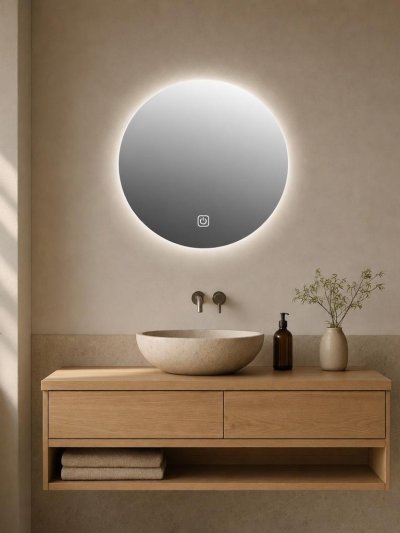 Frameless Round LED Bathroom Mirror (60cm, Dimmable, Anti-Fog)