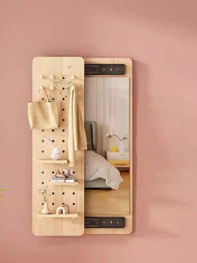 Natural Wood Pegboard Storage Mirror (120x30cm)