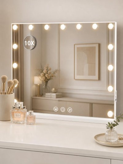 LED Dressing Table Mirror (58×46cm, 3 Light Settings, 10x Magnifier)