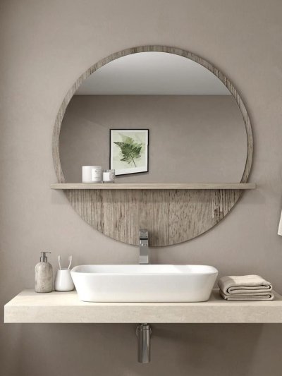 Round Bathroom Mirror with Shelf (45cm, Natural Wood)