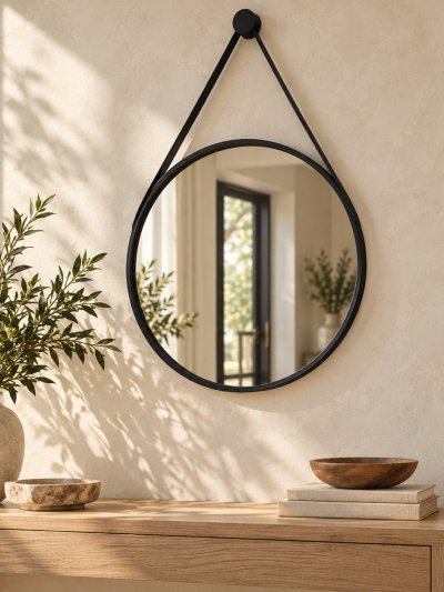 Black Leather Strap Round Wall Mirror (60cm)