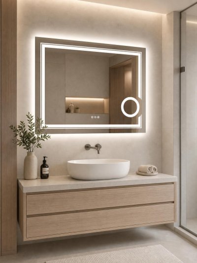 LED Bathroom Mirror with 3X Magnifier (60x80cm, Dimmable, Anti-Fog)