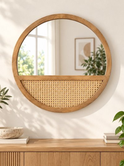 Round Wood & Rattan Wall Mirror (61cm)
