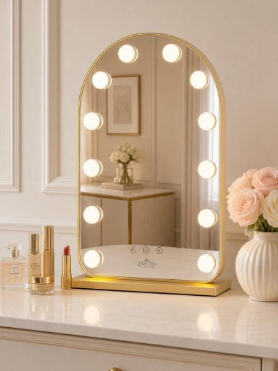 LED Vanity Mirror (Arched Gold, Hollywood Lights, Touch Control)