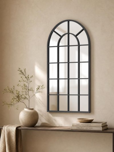 Black Arched Window-Style Wall Mirror (110x62cm)