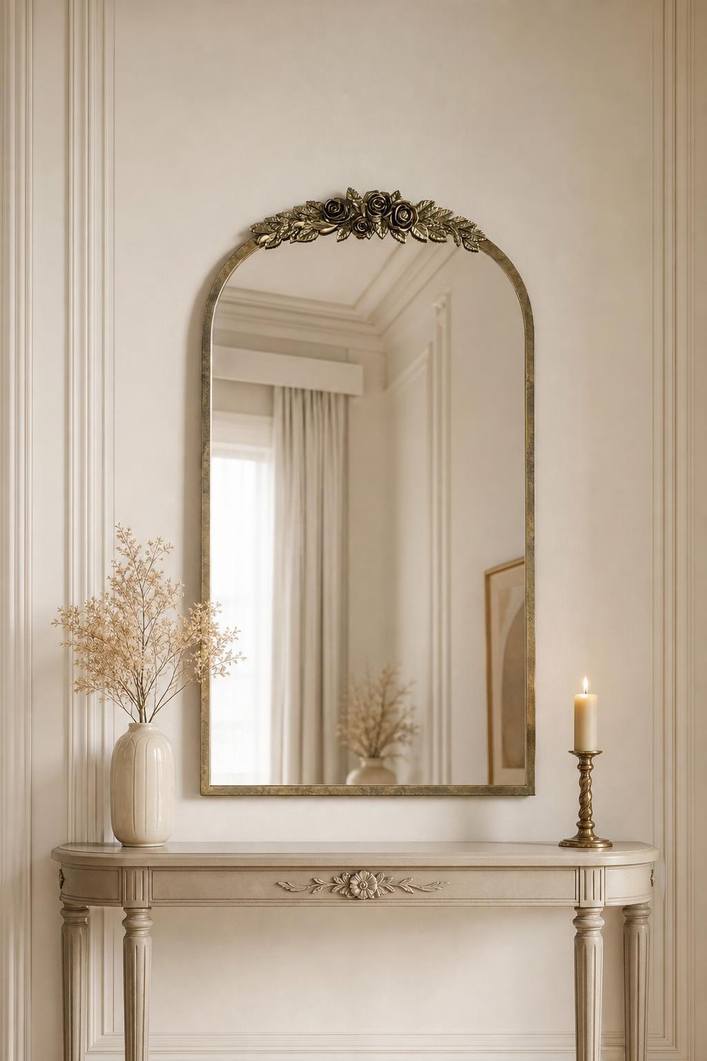 Antique Baroque Arched Wall Mirror (Brass Gold, 60.5x91.6cm)