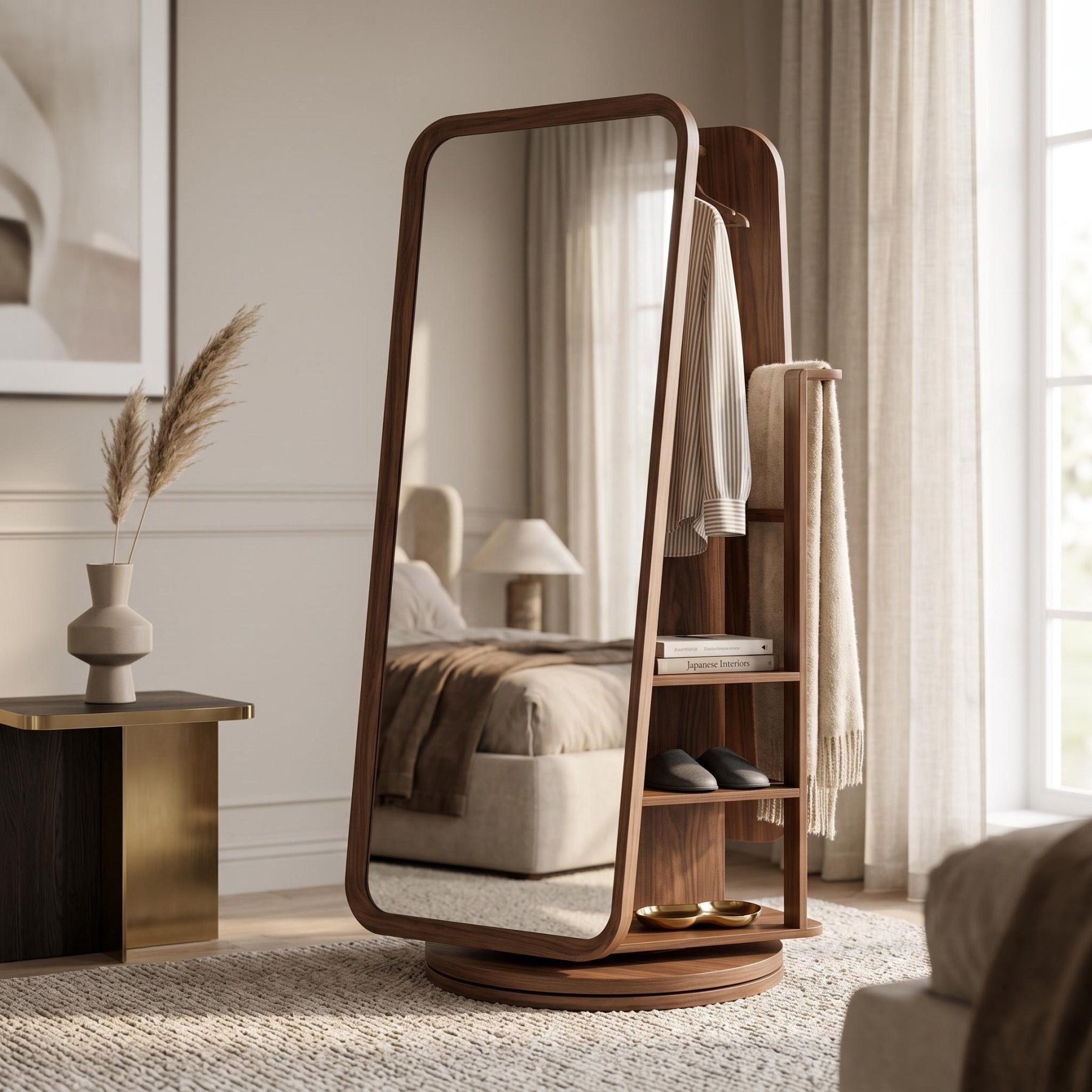 Walnut 360° Rotating Full-Length Mirror with Storage (168cm)