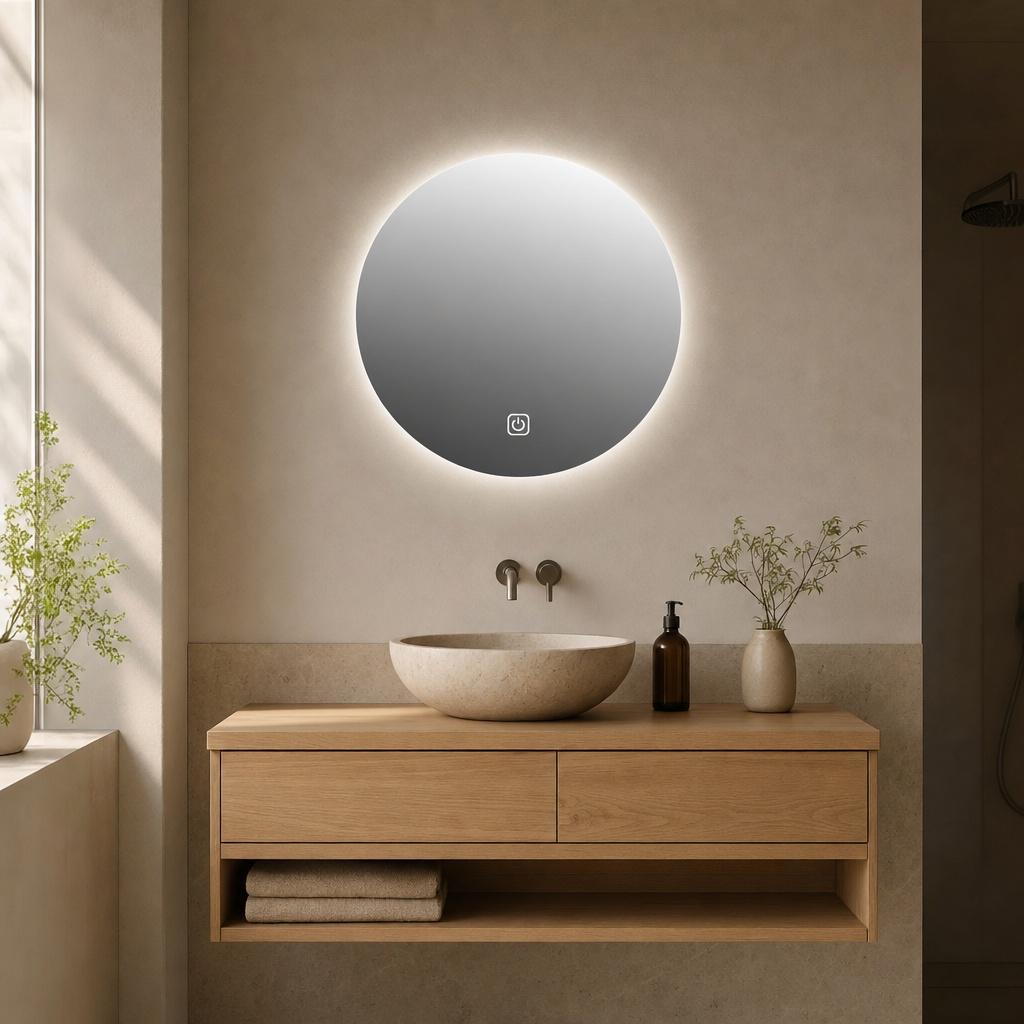 Frameless Round LED Bathroom Mirror (60cm, Dimmable, Anti-Fog)