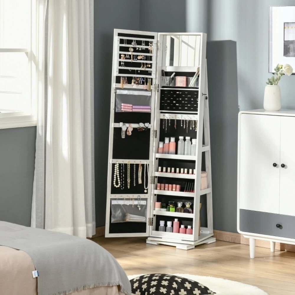 White Rotating Jewellery Mirror Cabinet (160x38x38cm)
