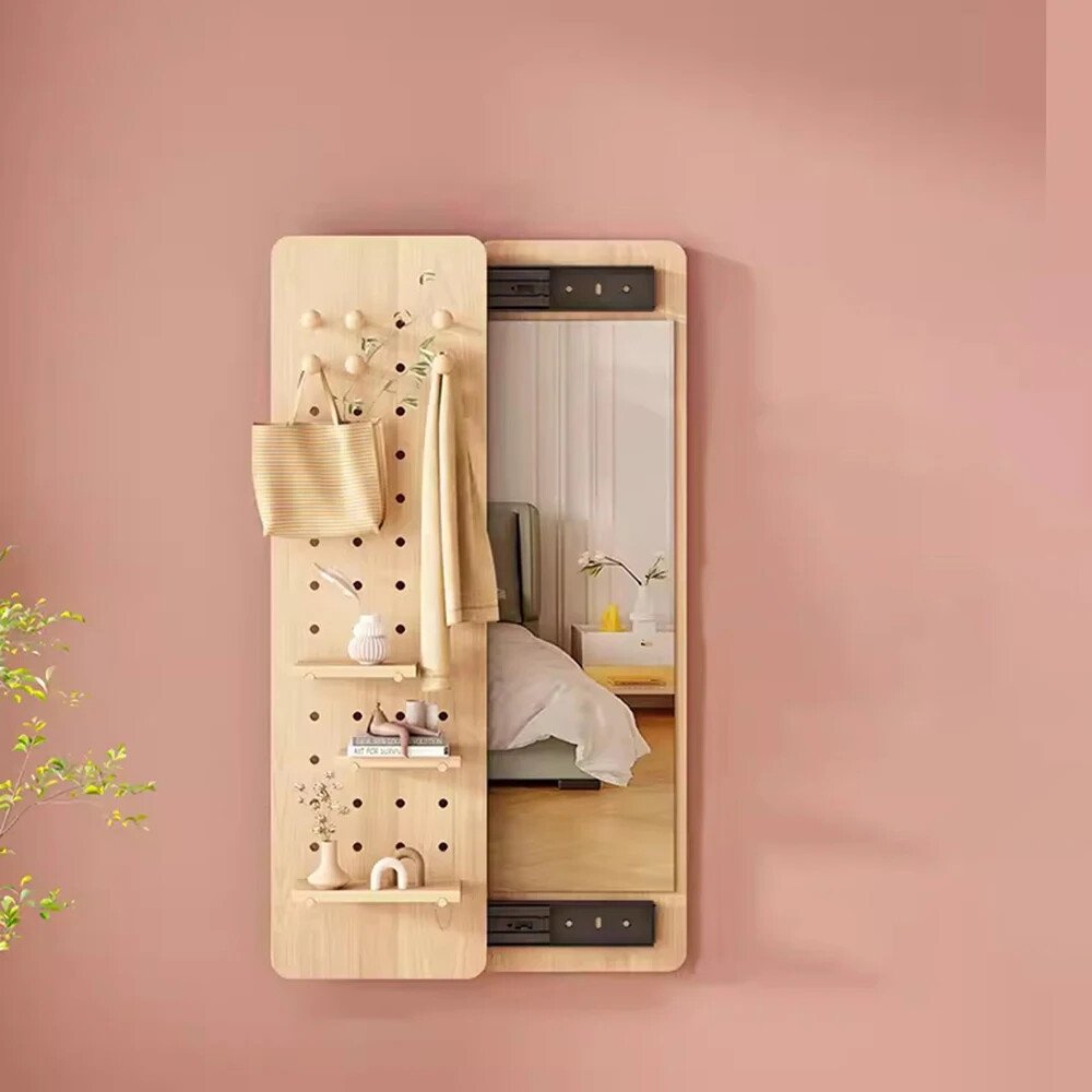 Natural Wood Pegboard Storage Mirror (120x30cm)