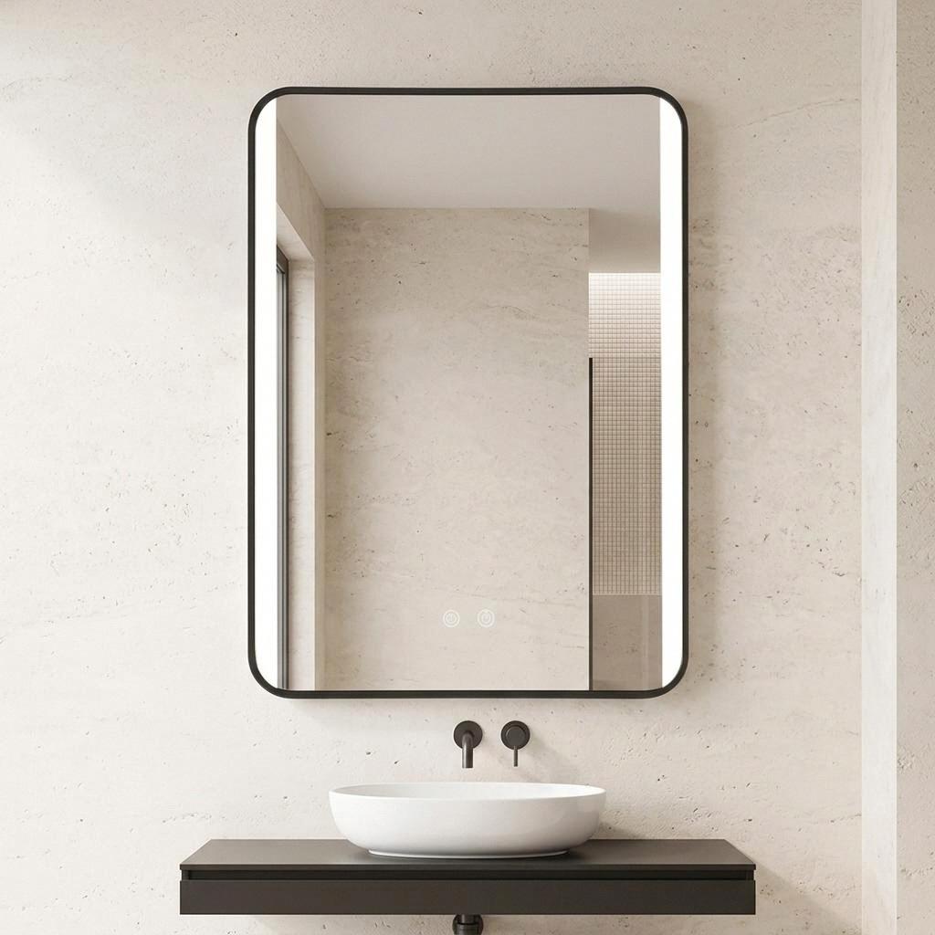 Black Rounded-Corner LED Bathroom Mirror (50x70cm)