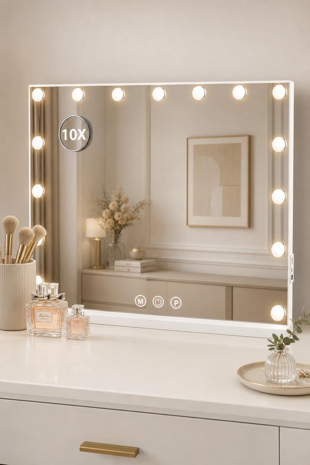 LED Dressing Table Mirror (58×46cm, 3 Light Settings, 10x Magnifier)