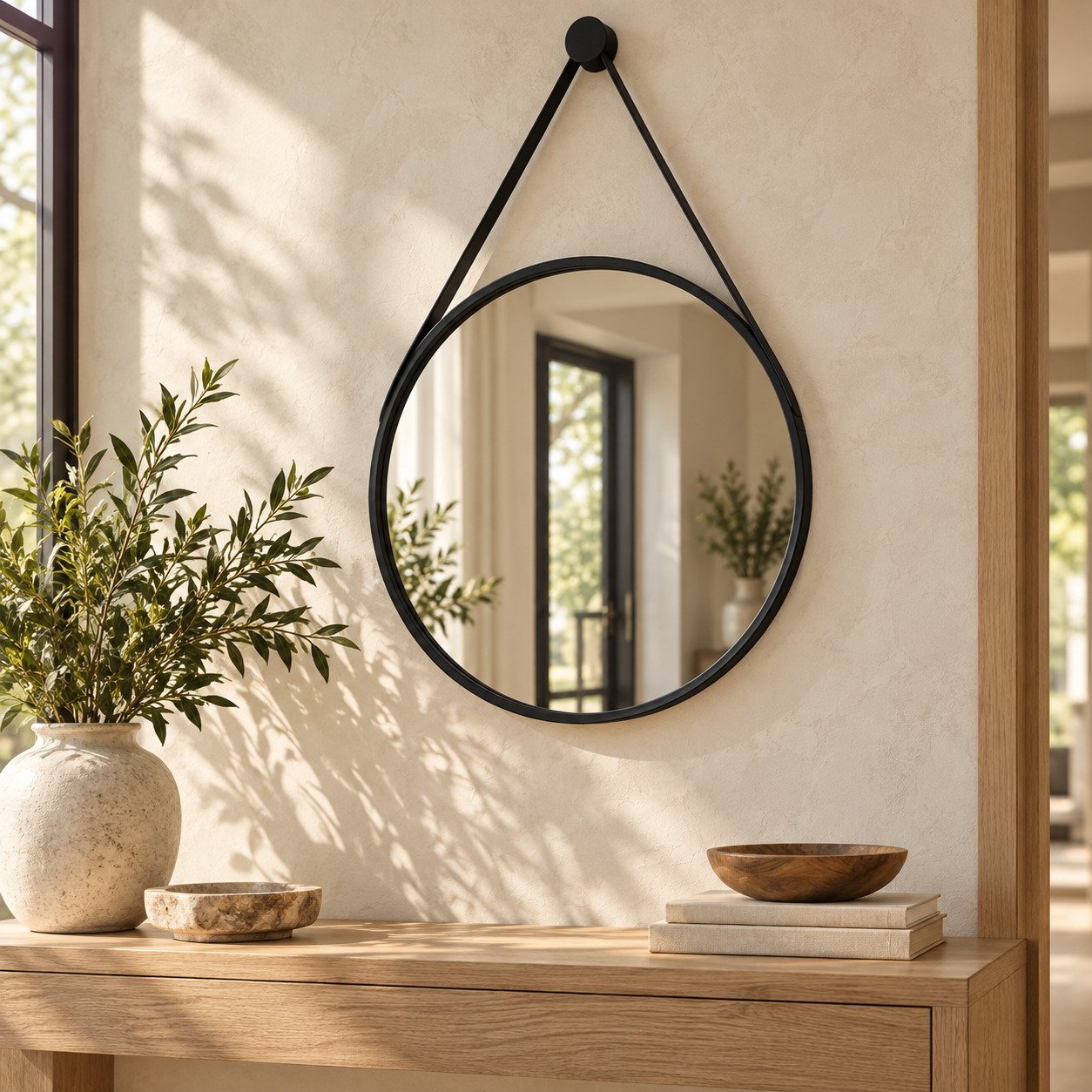 Black Leather Strap Round Wall Mirror (60cm)
