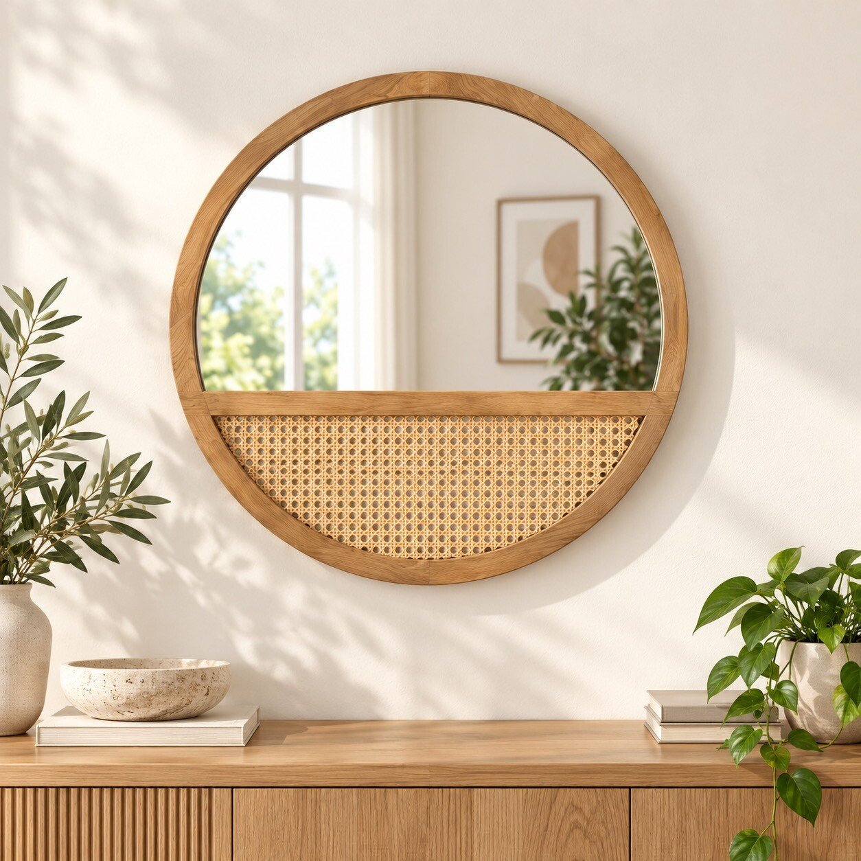 Round Wood & Rattan Wall Mirror (61cm)
