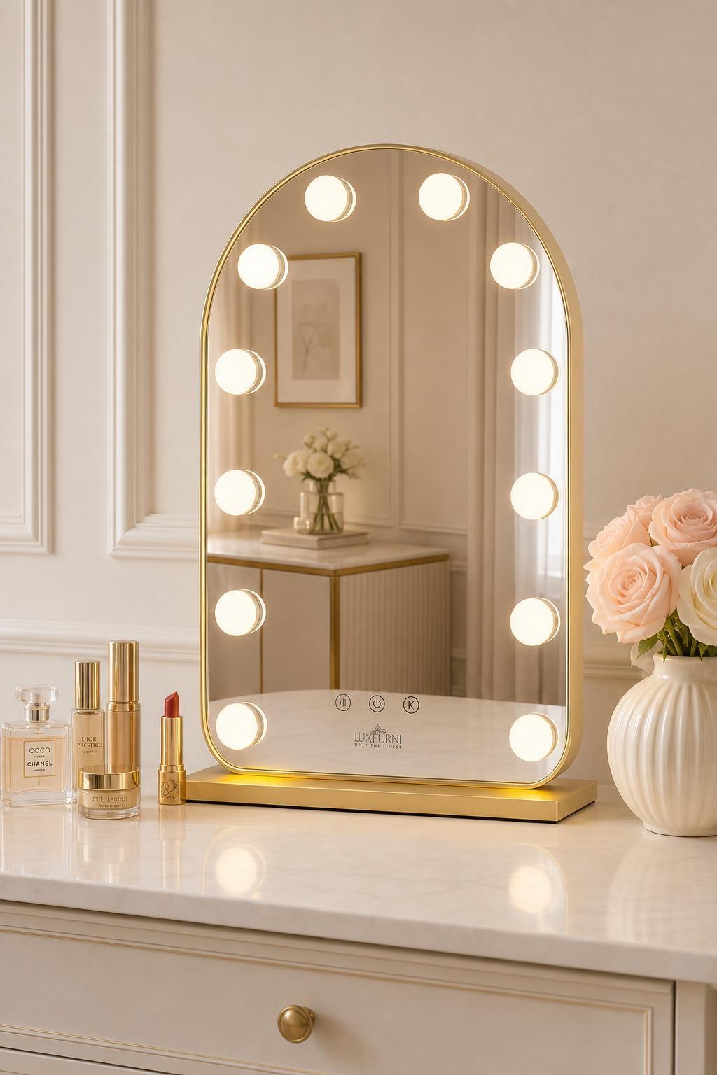 LED Vanity Mirror (Arched Gold, Hollywood Lights, Touch Control)