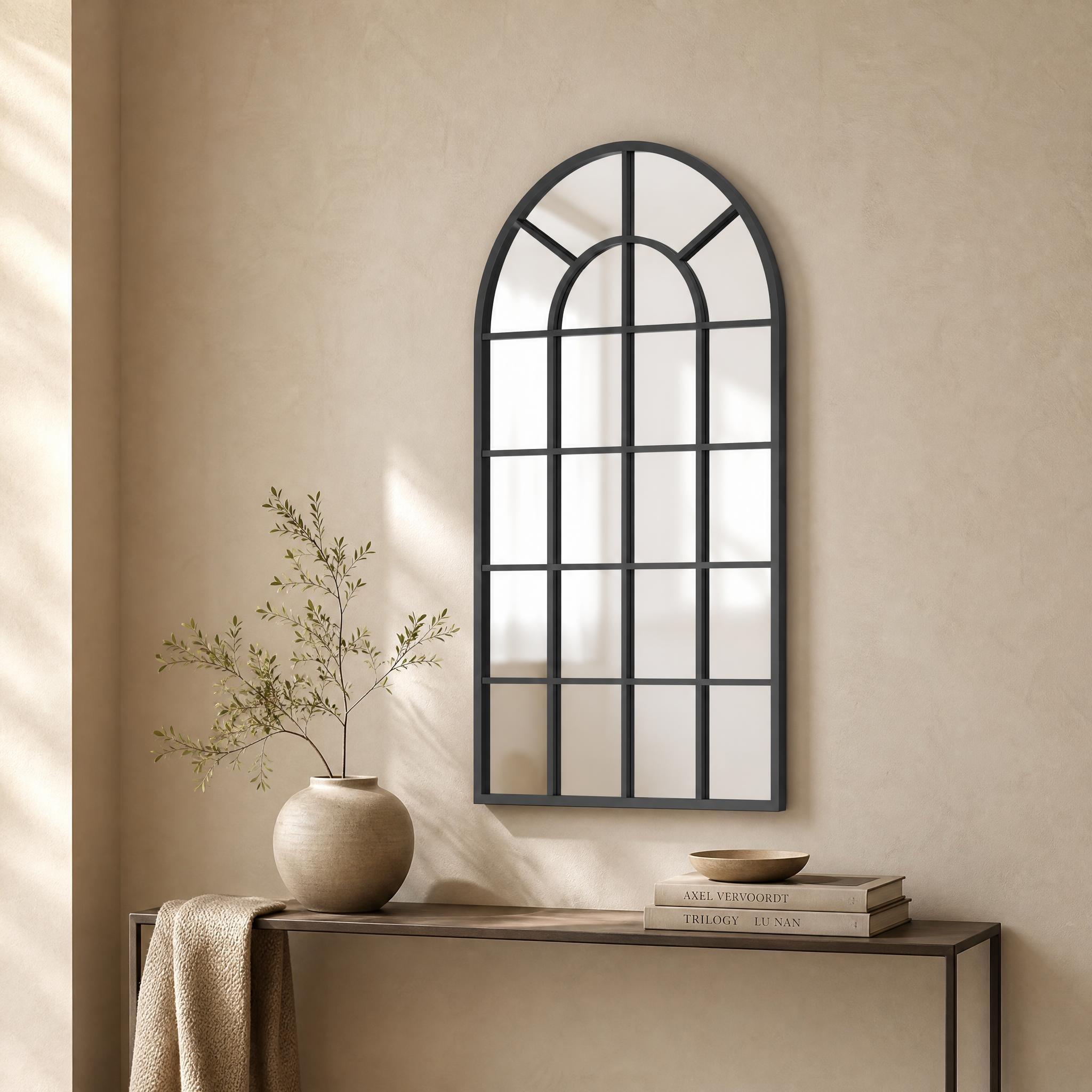 Black Arched Window-Style Wall Mirror (110x62cm)