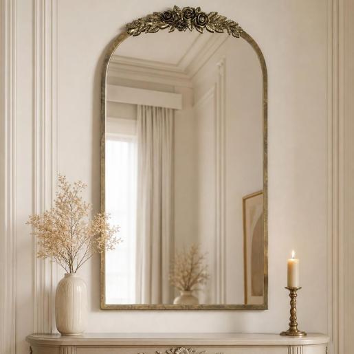 Antique Baroque Arched Wall Mirror (Brass Gold, 60.5x91.6cm)