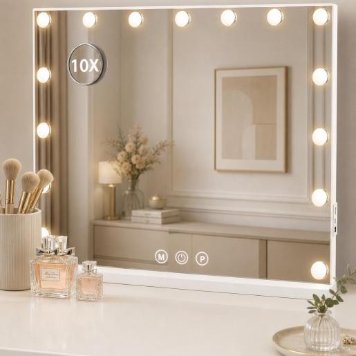 LED Dressing Table Mirror (58×46cm, 3 Light Settings, 10x Magnifier)