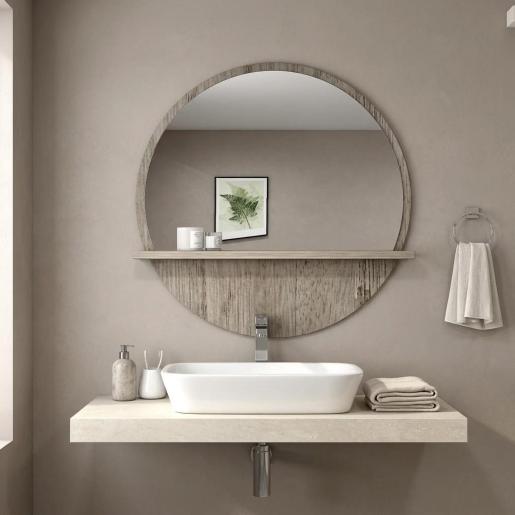 Round Bathroom Mirror with Shelf (45cm, Natural Wood)