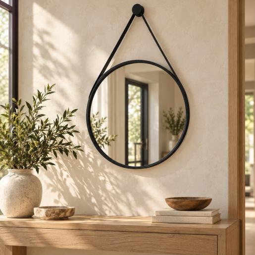 Black Leather Strap Round Wall Mirror (60cm)