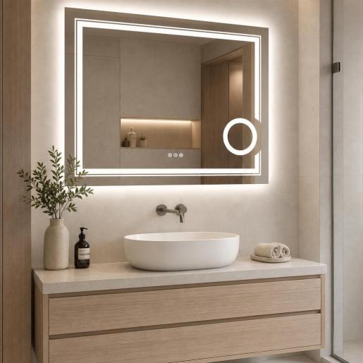 LED Bathroom Mirror with 3X Magnifier (60x80cm, Dimmable, Anti-Fog)