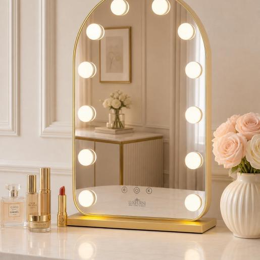 LED Vanity Mirror (Arched Gold, Hollywood Lights, Touch Control)