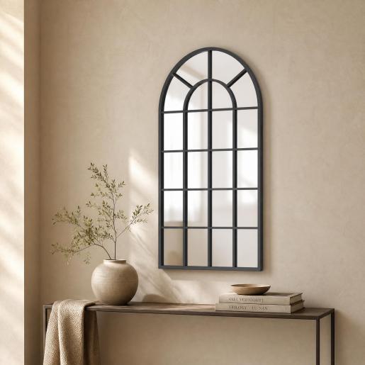 Black Arched Window-Style Wall Mirror (110x62cm)