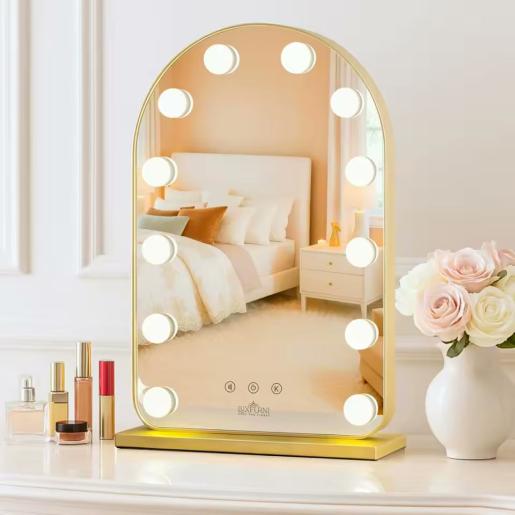 LED Vanity Mirror (Arched Gold, Hollywood Lights, Touch Control)