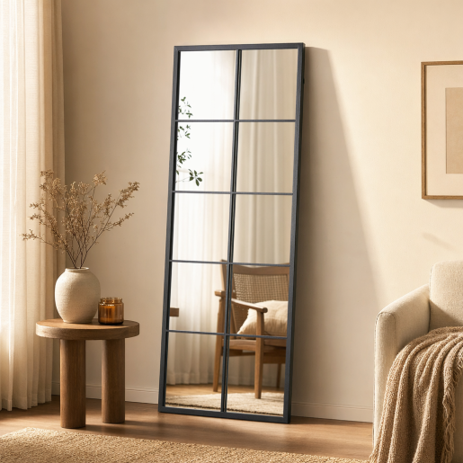 Black Window-Style Full Length Wall Mirror (60x150cm)