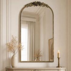 Antique Baroque Arched Wall Mirror (Brass Gold, 60.5x91.6cm)