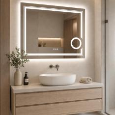 LED Bathroom Mirror with 3X Magnifier (60x80cm, Dimmable, Anti-Fog)